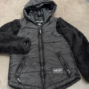Justice Black Puffer Jacket with Faux Fur Sleeves